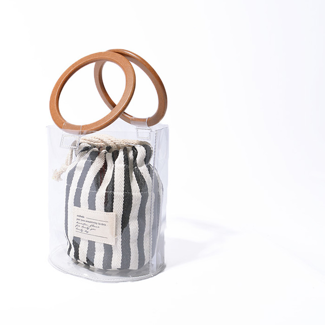 ストライプ巾着ウッドハンドルクリアバッグ