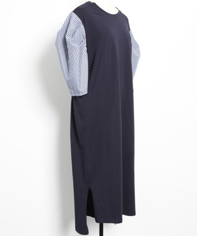 ボリュームストライプスリーブワンピース