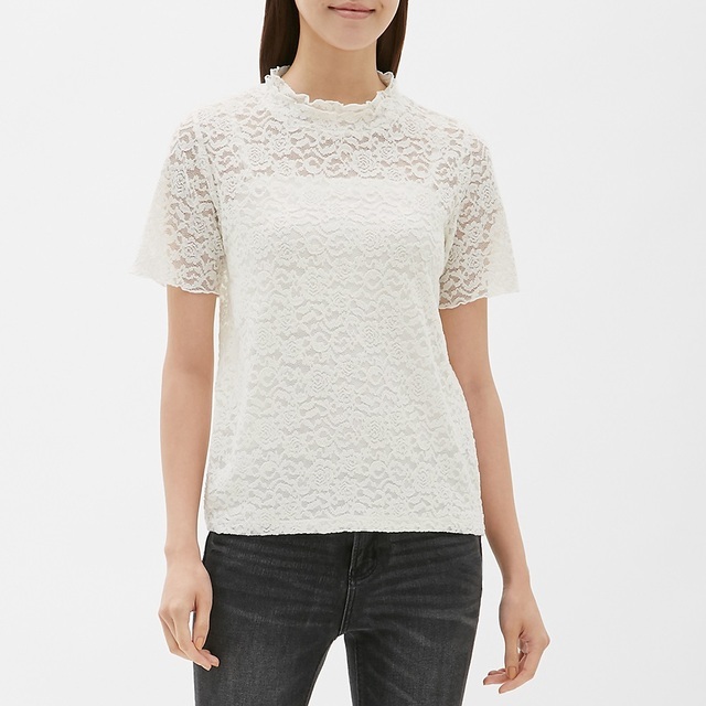 レースフリルネックT