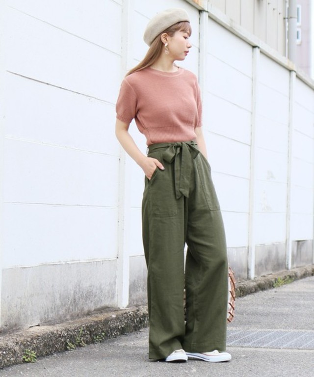 麻混 レーヨンウエストリボン ワイドパンツ