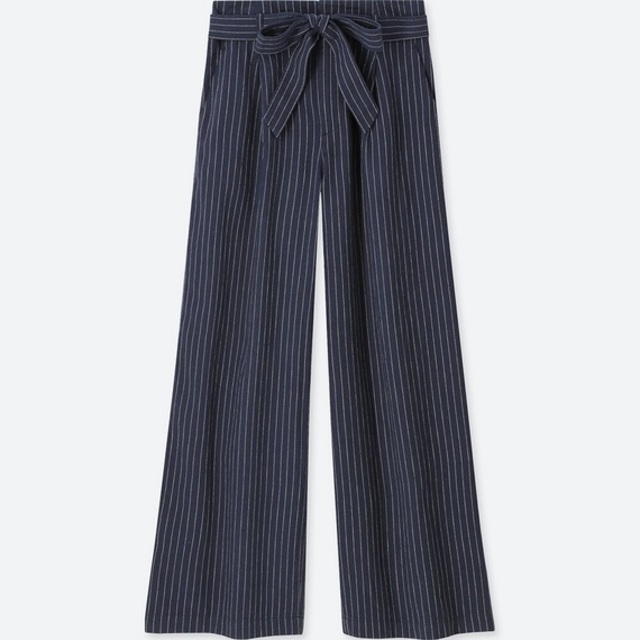 ベルテッドリネンコットンワイドパンツ（ストライプ・丈標準68cm）
