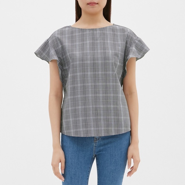 チェックフリルスリーブブラウス