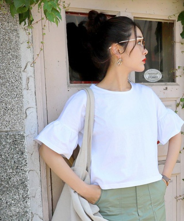 綿100％袖フレア半袖Tシャツ