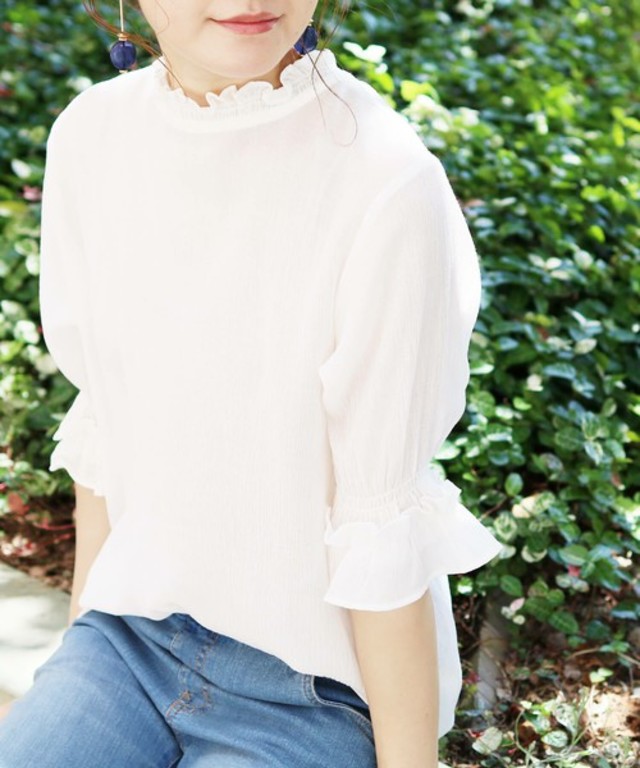 シースルー袖ボリュームパックボタンブラウス