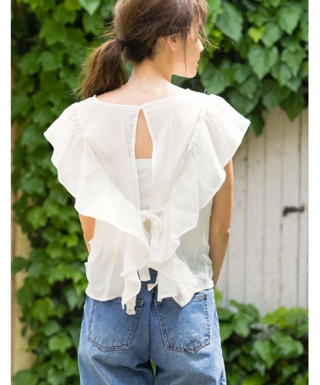 バッグオープン楊柳フリルブラウス