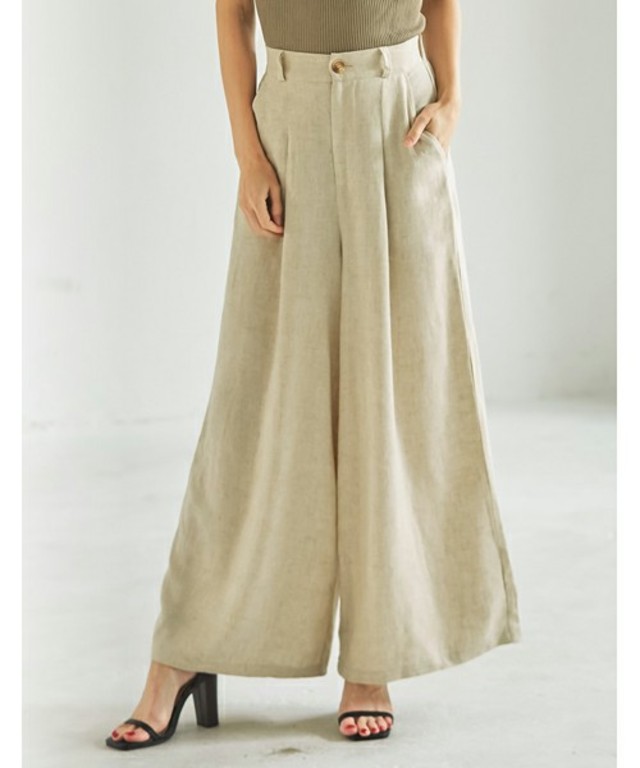 リネンブレンドラスティックワイドパンツ