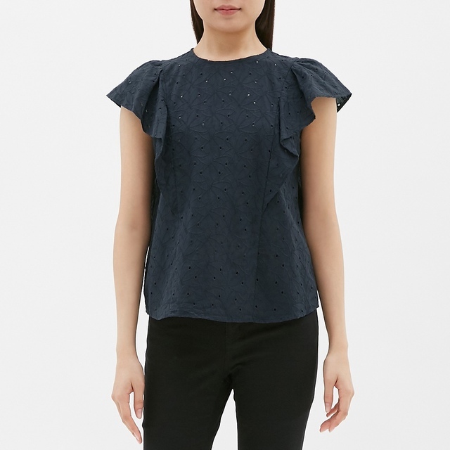 コットンレースフリルスリーブブラウス(半袖)GN