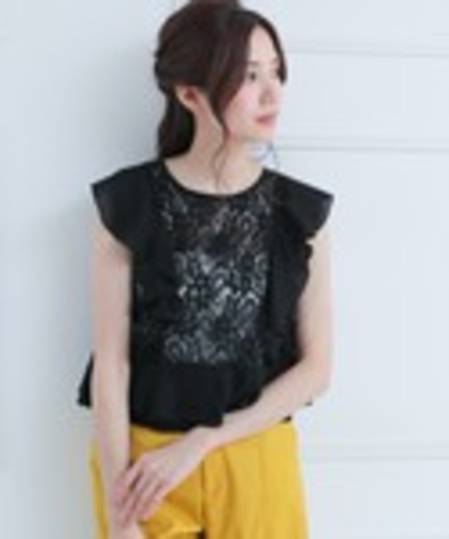 別布フリルノースリーブレースブラウス/トップス