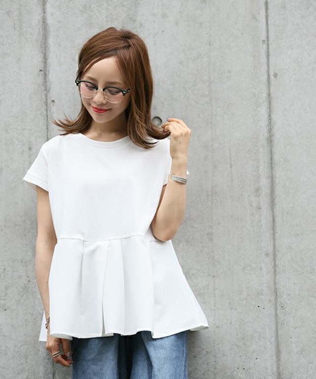 異素材切り替えフレンチスリーブフレアトップス