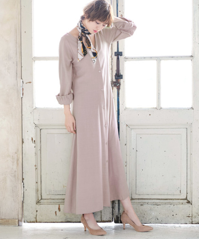 ぬき衿マキシ丈ロングシャツワンピース