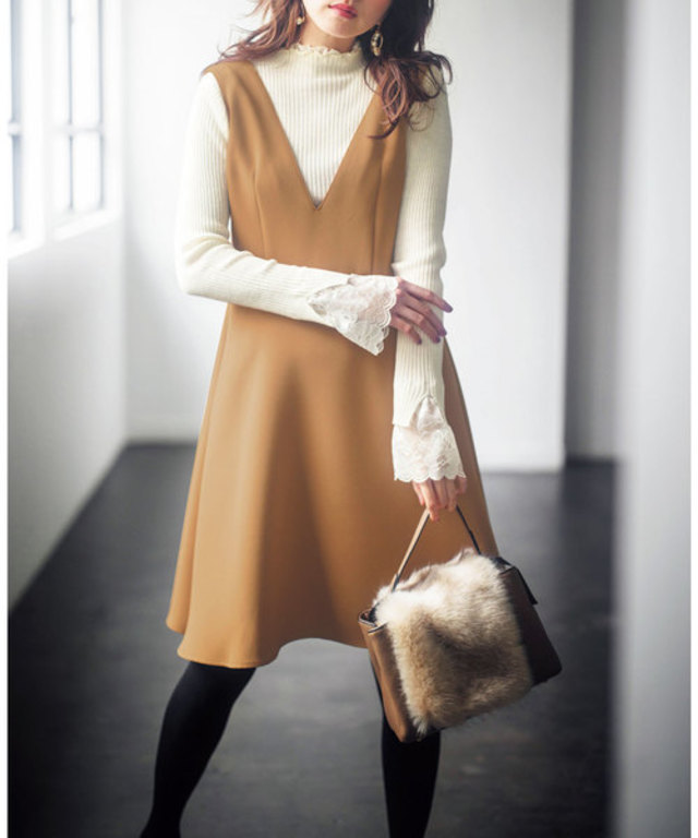 レース付ハイネックリブニットトップス