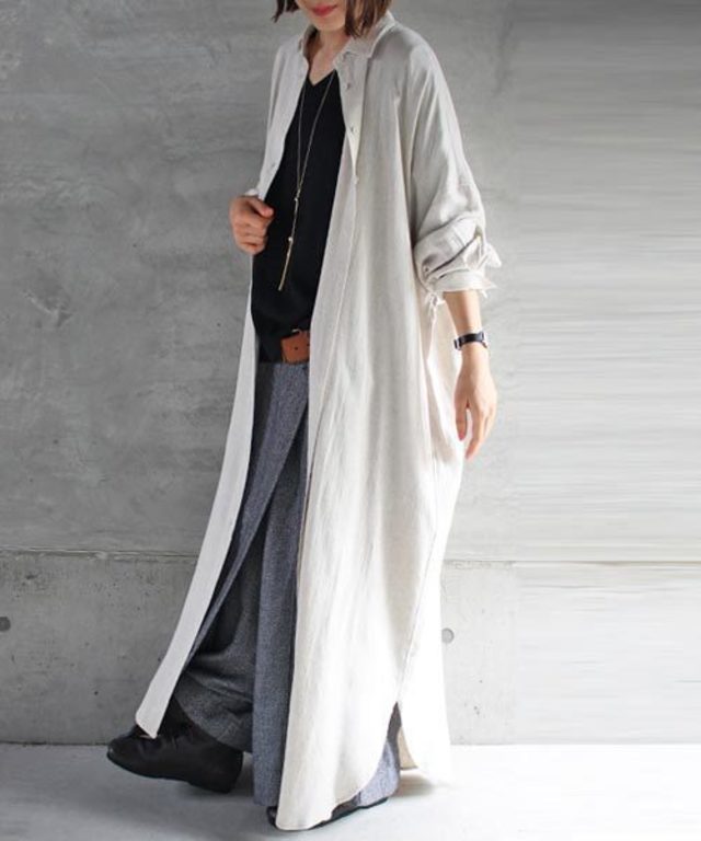 麻混素材ロングシャツ