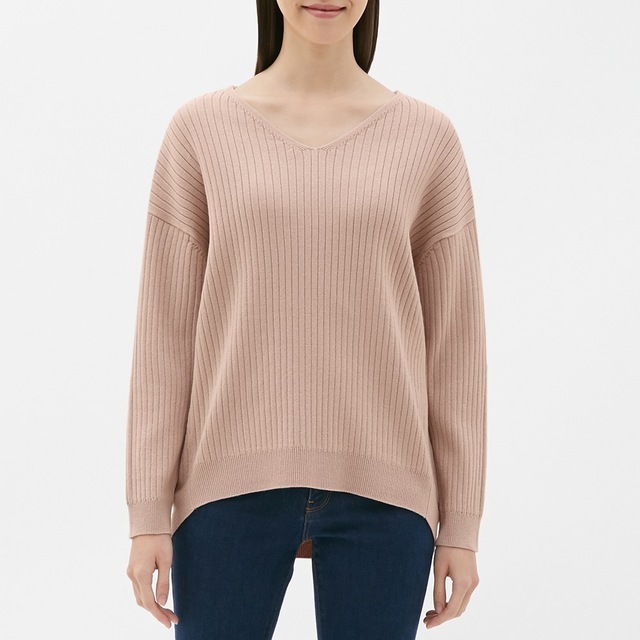 ワイドリブVネックニットチュニック(長袖)