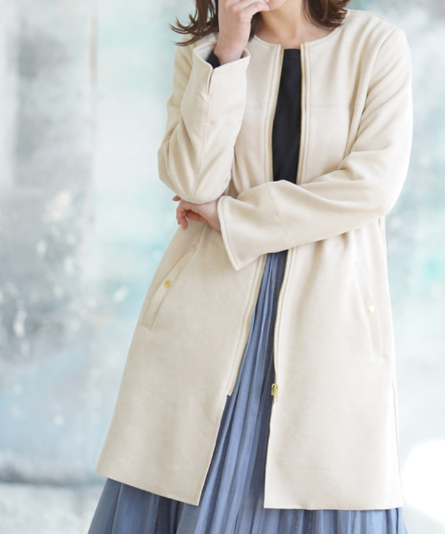 スエードポンチノーカラーロングコート