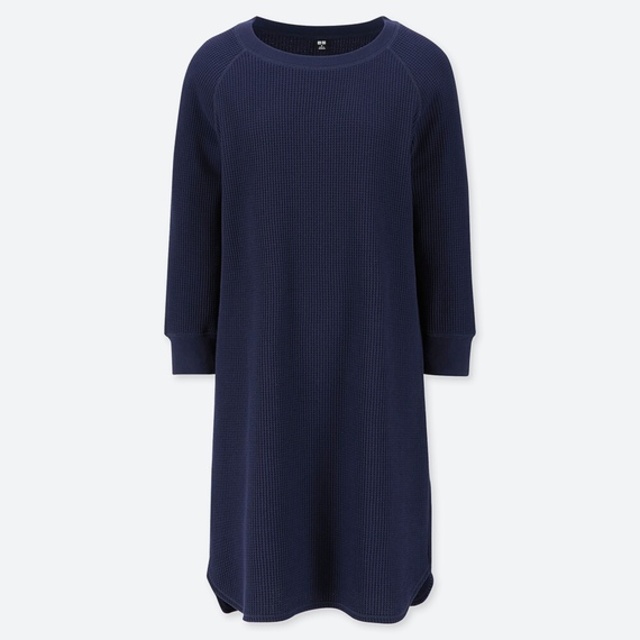 ワッフルクルーネックワンピース(8分袖)