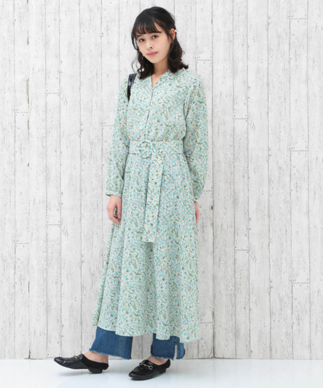 花柄開襟ベルト付きワンピース