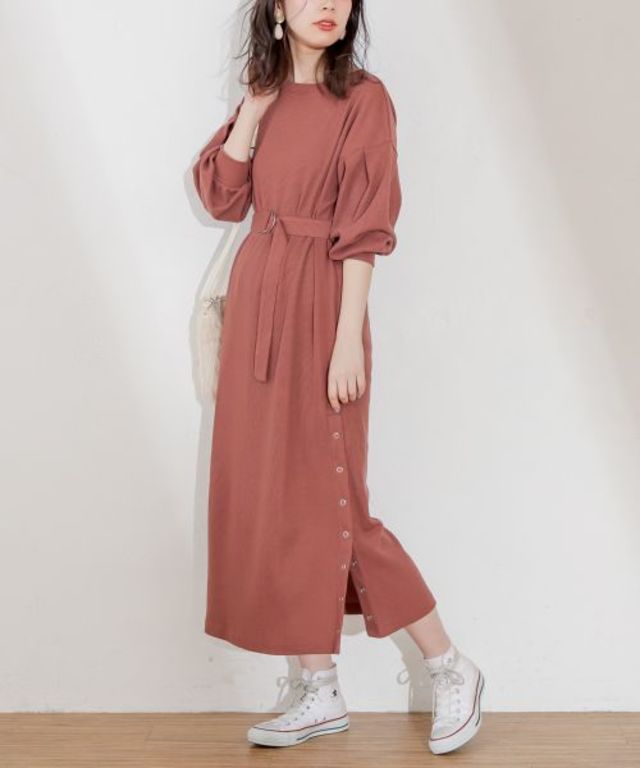 スナップ釦付ワッフルワンピ