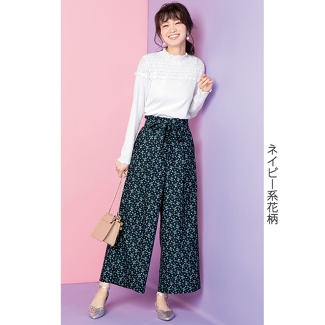 リボンベルト付フリルウエストワイドパンツ