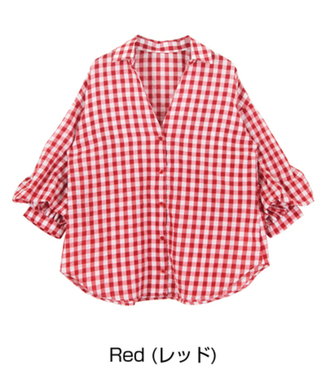 ギンガムチェックボリュームスリーブブラウス