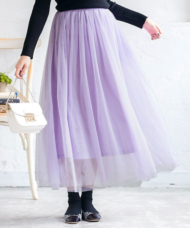 ウエストゴムマキシ丈ロングチュールフレアスカート