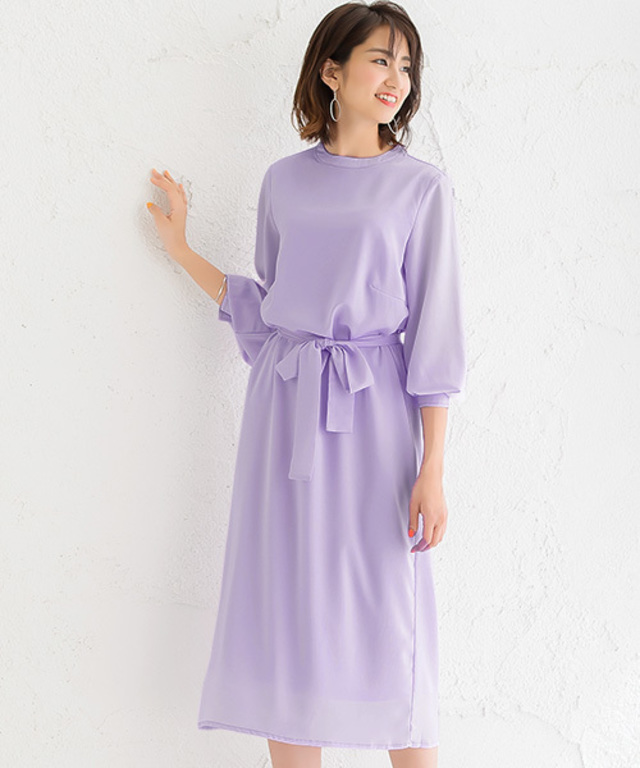 リボン付きスタンドカラーワンピース