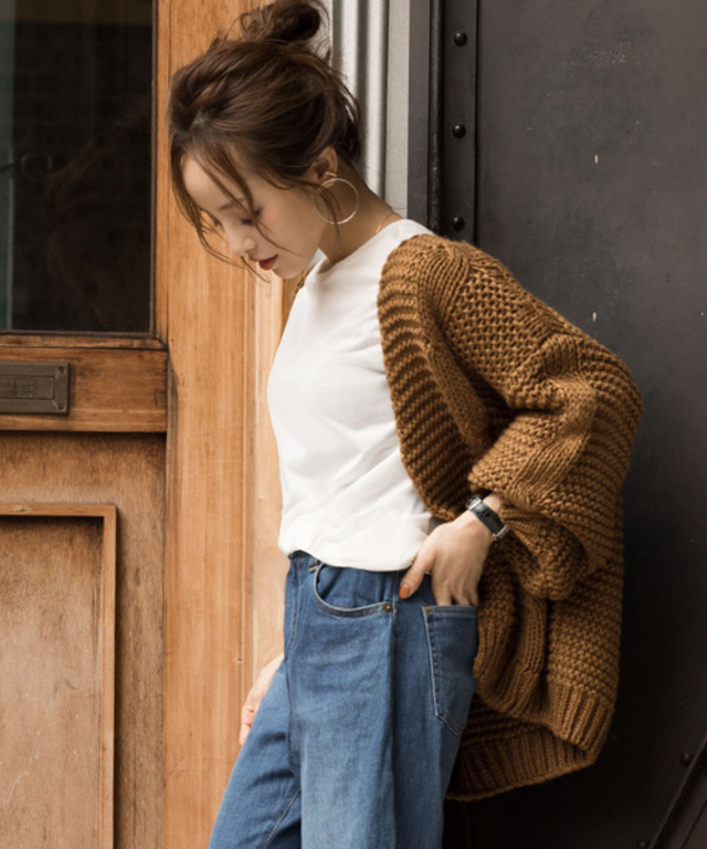 ケーブル編みローゲージニットカーディガン