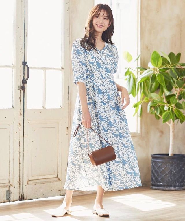 2Wayウエストタックハーフスリーブ花柄ワンピース