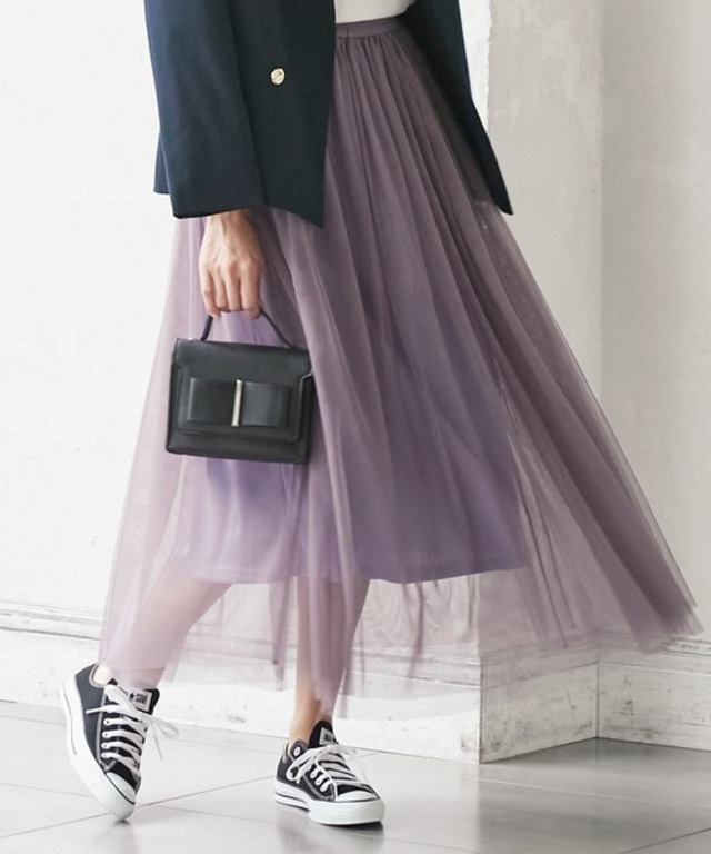 ウエストゴムマキシ丈ロングチュールフレアスカート
