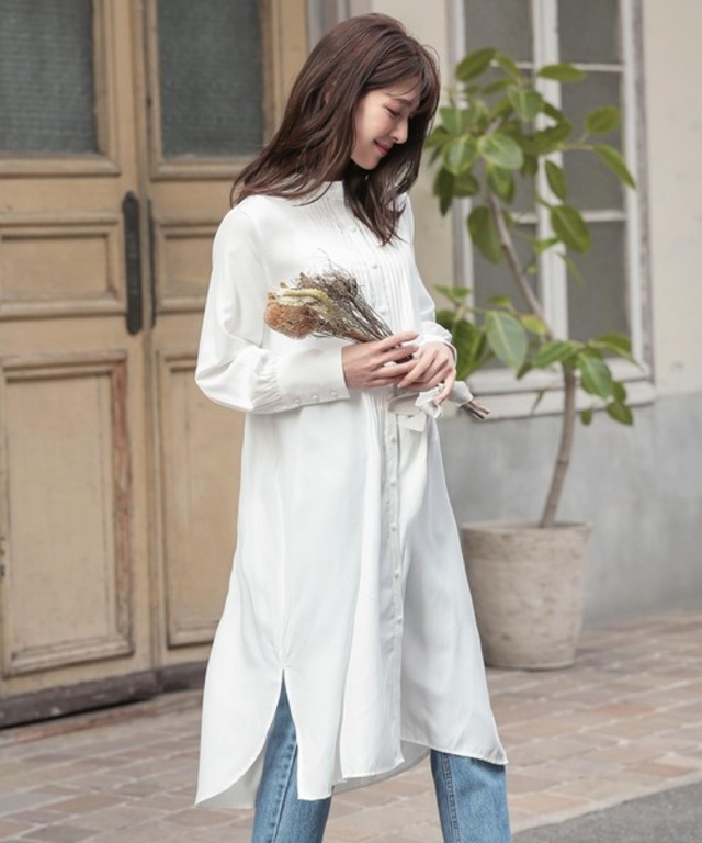 バンドカラーとろみシャツワンピース