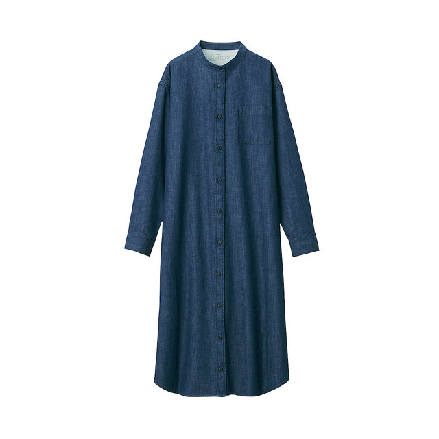 インド綿デニムスタンドカラーワンピース