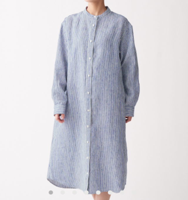 フレンチリネン洗いざらしスタンドカラーワンピース