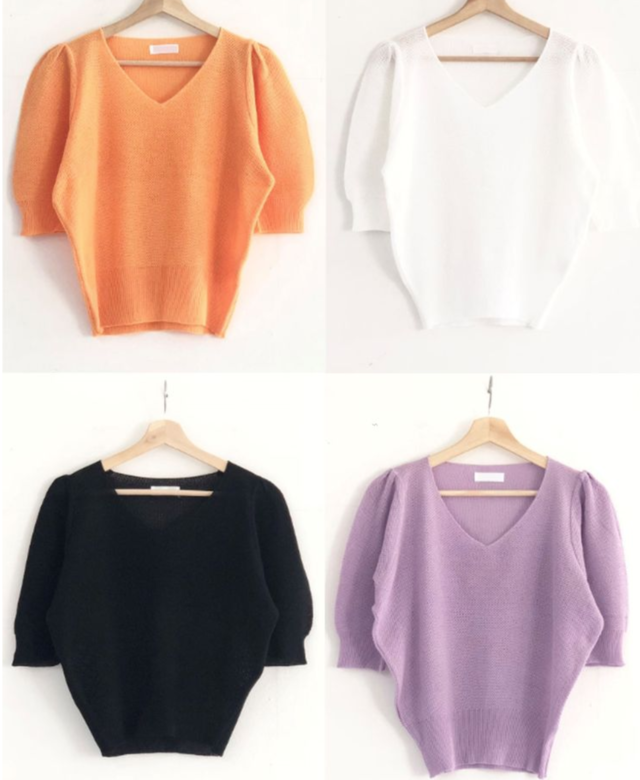パフ袖Vネック半袖ニット