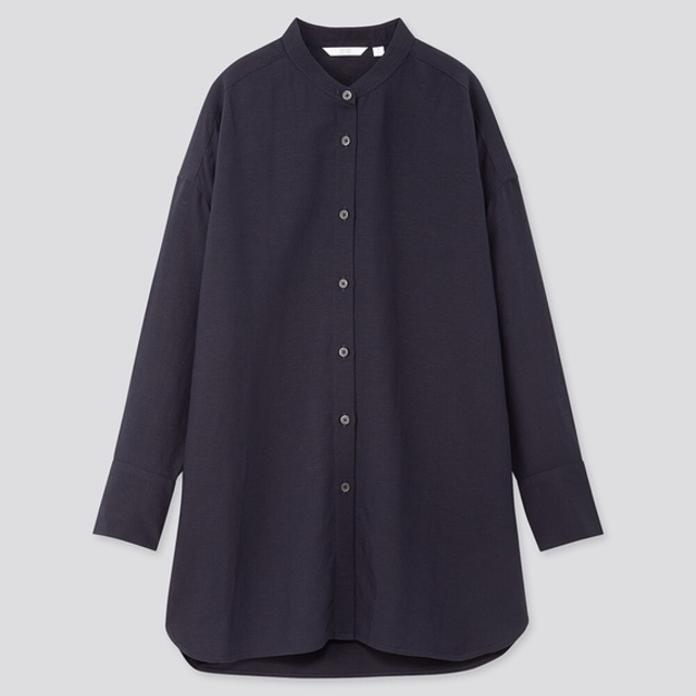 リネンブレンドスタンドカラーチュニック（長袖）