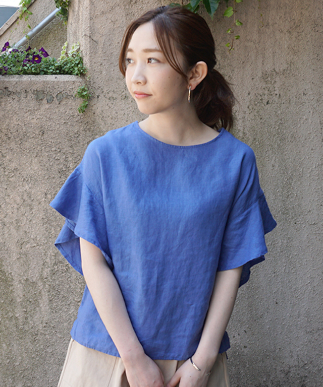 麻 リネン 袖フリルブラウス