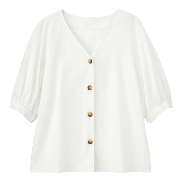 リネンブレンドフロントボタンブラウス(5分丈）