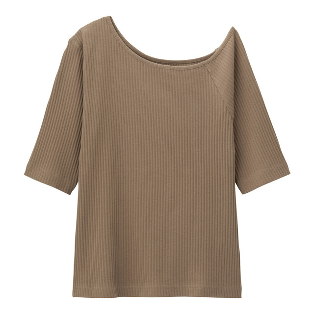 リブアシンメトリーネックT(5分袖）