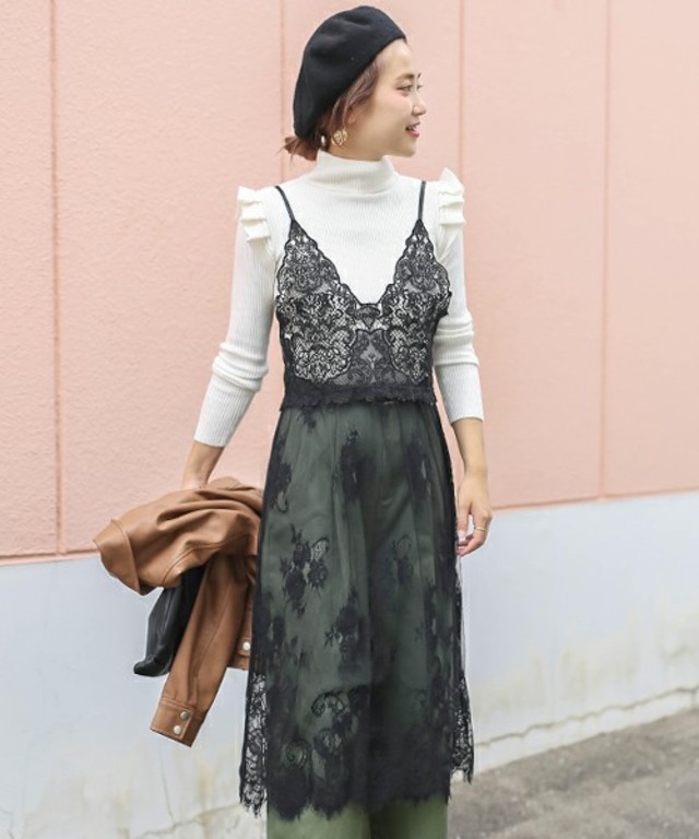 総フラワーレースロング丈キャミワンピース