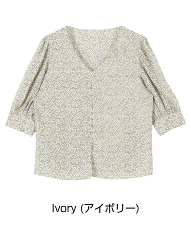 リーフプリントパフスリーブブラウス