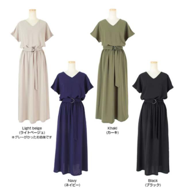 ベルト付きVネックロングワンピース