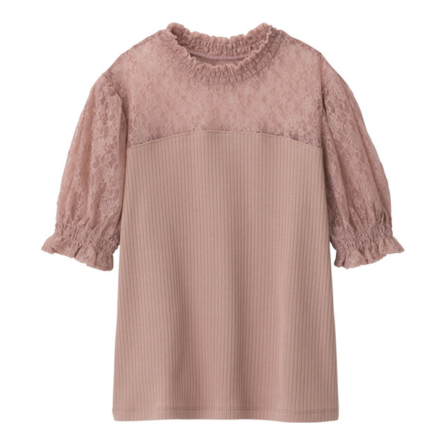 レースコンビネーションパフスリーブプルオーバー