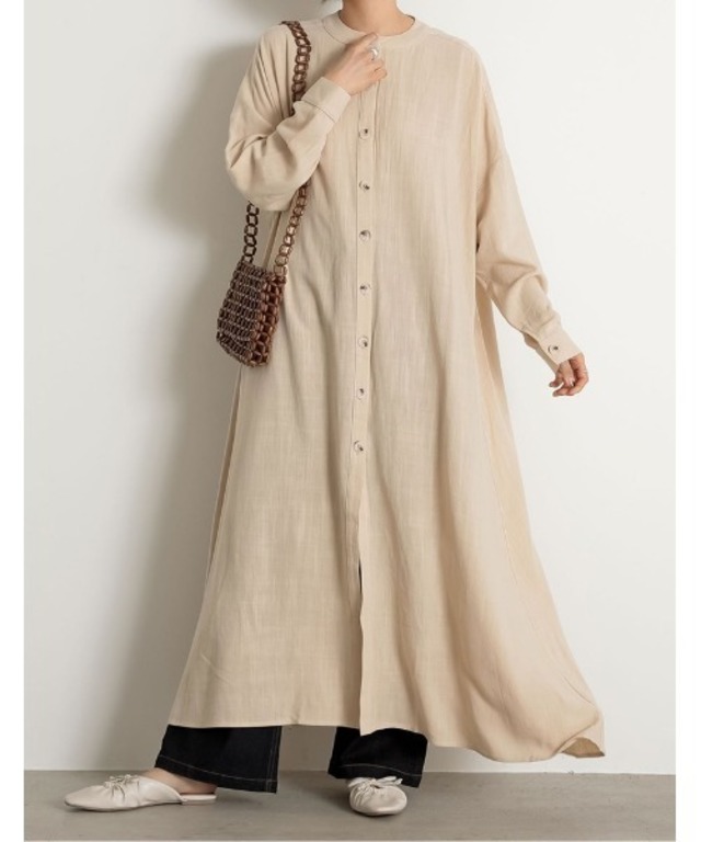 リネンブレンドナチュラルロングシャツワンピース