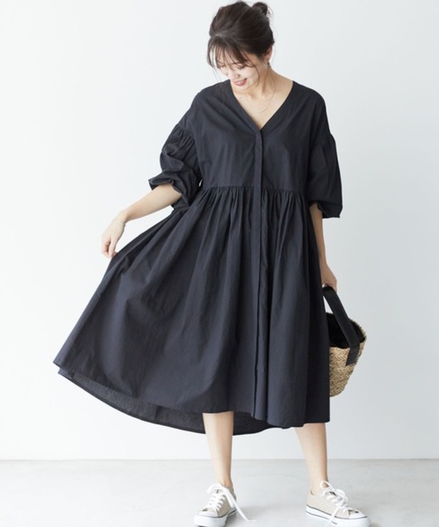 バルーン袖ギャザーロングシャツワンピ