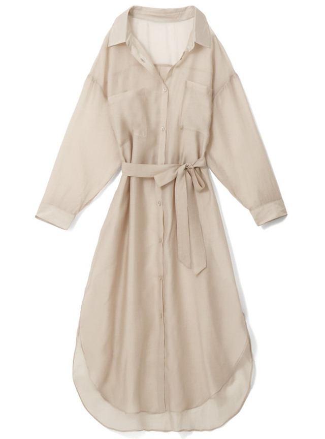 リボンベルト付きシアーロングシャツ