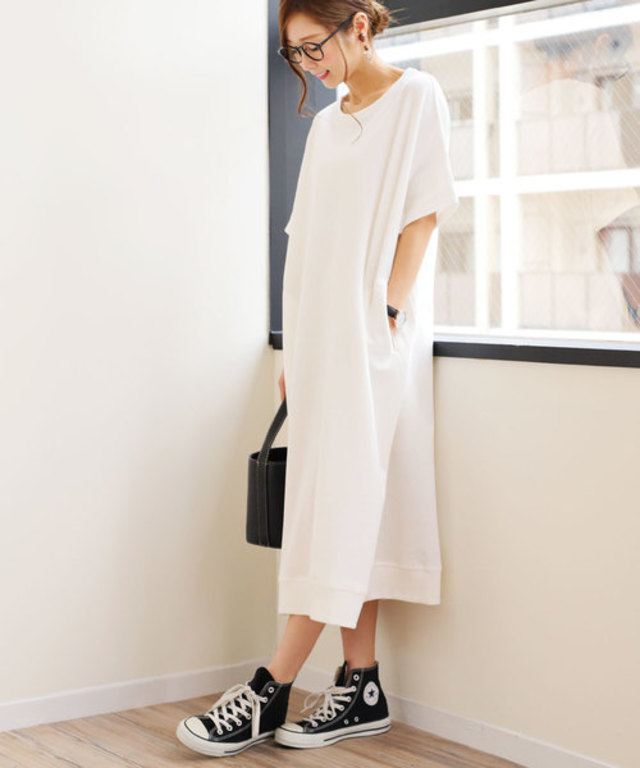 コットンワッフル半袖ポケット付きTシャツワンピース