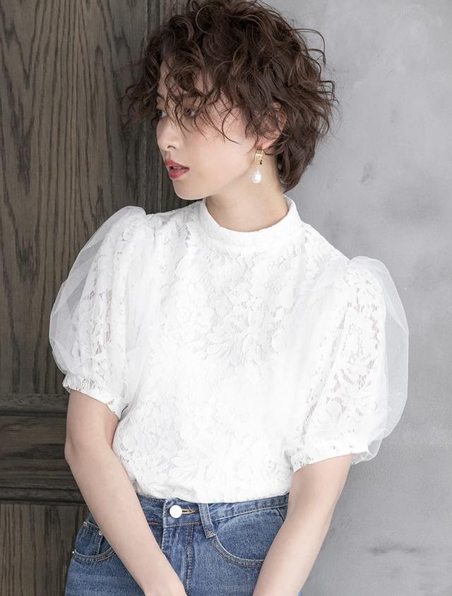 チュールスリーブレースブラウス