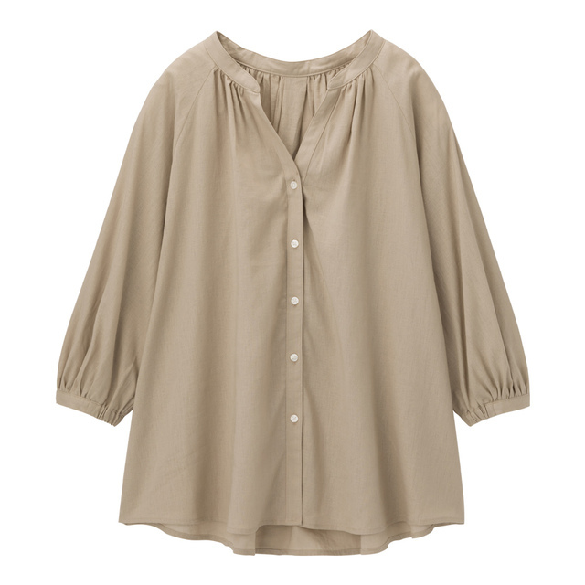 リネンブレンドギャザーブラウス(7分袖)