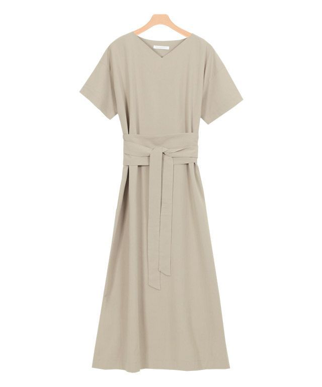 リネン風サッシュベルト付きワンピース