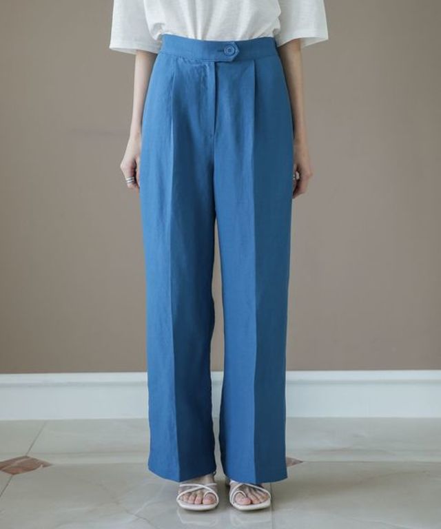 センタープレスリネンブレンドウエストゴムハイウエストワイドパンツスラックス