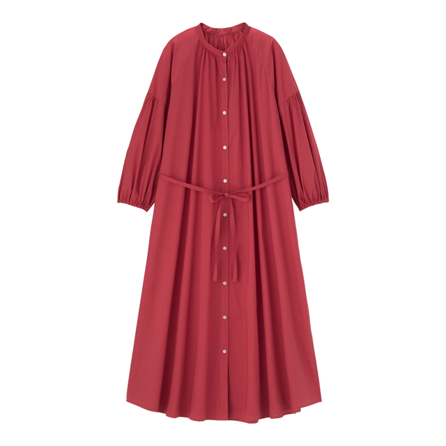 バンドカラーギャザーワンピース(7分袖)