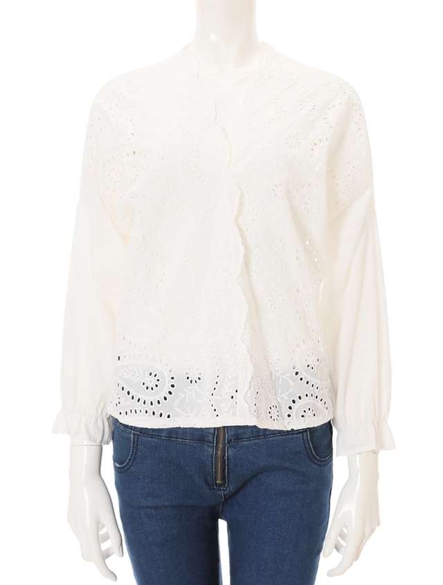 コットンレースVネックブラウス